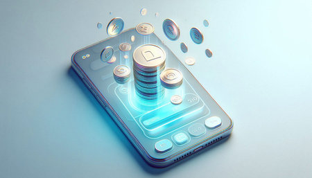 Mobile phone with coins on blue background. 3d illustration. Technology concept