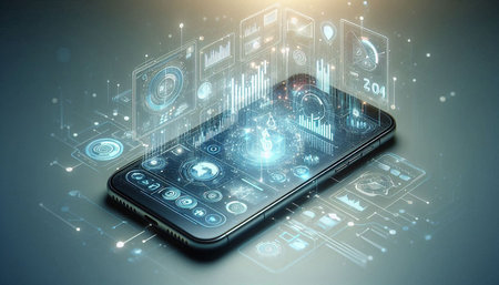 Smartphone with glowing business hologram on screen. 3D rendering
