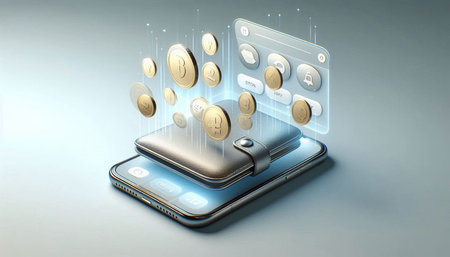 Smartphone with coins on the screen. 3d render illustration.