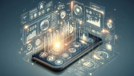 Smartphone with glowing business hologram on screen. 3D rendering