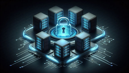 Data security concept. Server with padlock on blue background 3D rendering