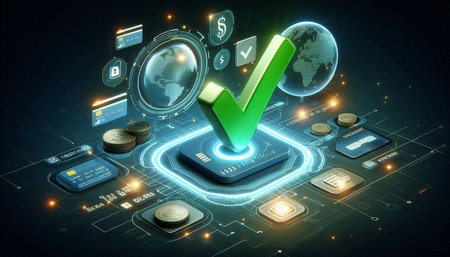 Digital composite of green check mark with coins and interface icons 3d