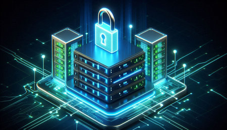 Data security concept with servers and padlock on blue background 3D rendering