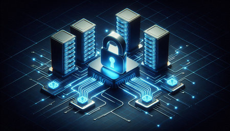 Cyber security concept with server and padlock. 3d rendering