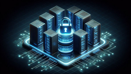 Cyber security concept with servers and padlock. 3d rendering