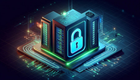 Cyber security concept with server and padlock, 3d rendering