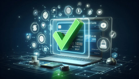 Laptop with green check mark over dark blue background 3D rendering