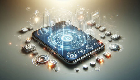 Smartphone with high tech business concept on screen. 3D rendering