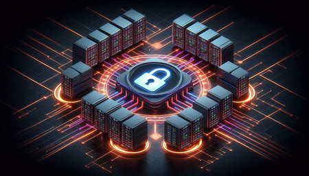 Cyber security concept. Server room with padlock. 3d illustration