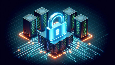 Data security concept with servers and padlock on blue background 3D rendering