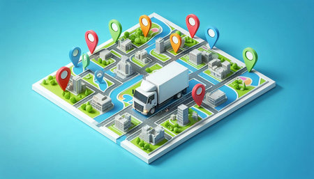 3d illustration of a city on a tablet with a map and a delivery truck