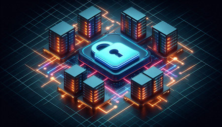 Cyber security concept with server room and padlock. 3d rendering