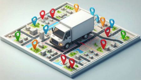 3d illustration of a city map with a delivery truck on it
