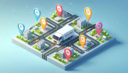 3d isometric illustration of delivery truck with location pin on the map