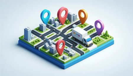 Isometric city map with road, cars, buildings and location pin