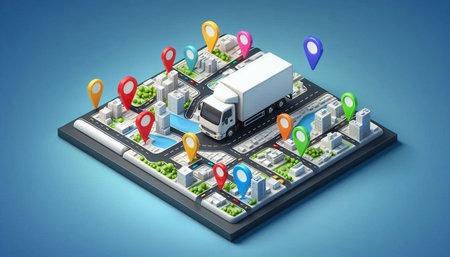 3d isometric illustration of a city map with a truck and location markers