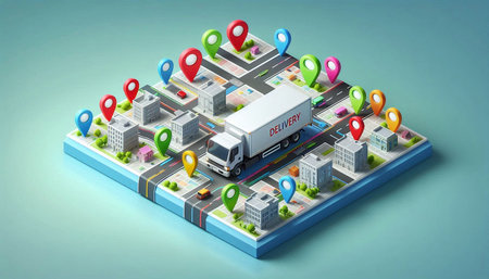 3d isometric illustration of delivery truck and city on the map