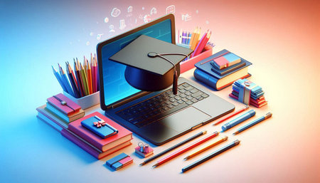Laptop with graduation cap, books and pencils on colorful background