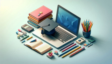Education concept with laptop, books, pencils and graduation cap on blue backgroundの写真素材