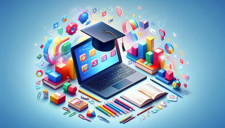 Online education concept with laptop and icons on blue background. 3D rendering