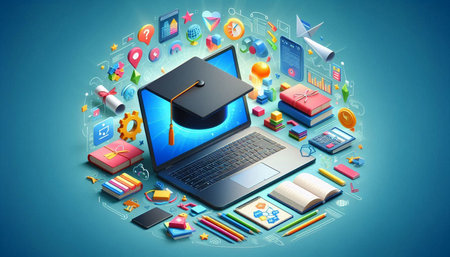 Education and learning concept with laptop and icons on blue background 3D rendering