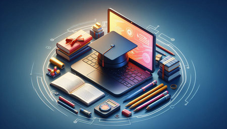 Online education concept with laptop, books and graduation cap. 3D rendering