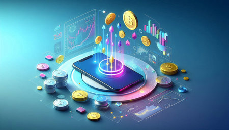 Smartphone with financial graph and coins on blue background. 3d rendering