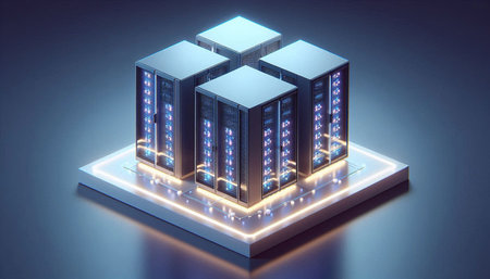 Server room data center isometric view. 3d render illustration.