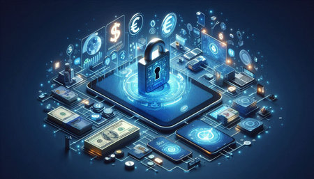 Cyber security concept with padlock and money on blue background 3D rendering