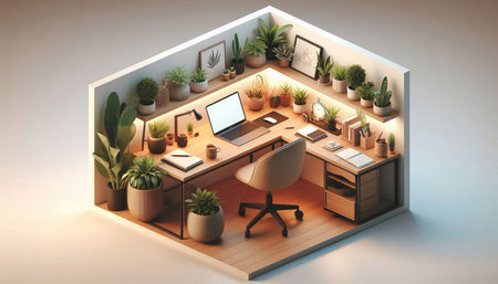 workplace isometric view from the top, 3d render illustration