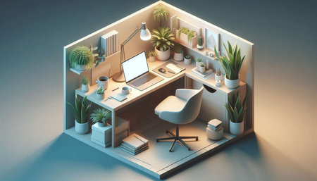 Office workplace with computer, chair and plants. 3D rendering.の写真素材