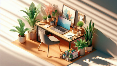 work space with computer and plant, 3d rendering, top view
