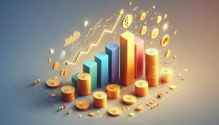 Business graph with coins, 3d illustration of financial success concept.
