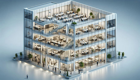Modern office interior with furniture and people around. 3d rendering.