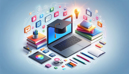 Online education concept with laptop, books, tablet pc and graduation capの写真素材