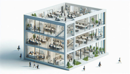 3d rendering of a modern office interior with a lot of people