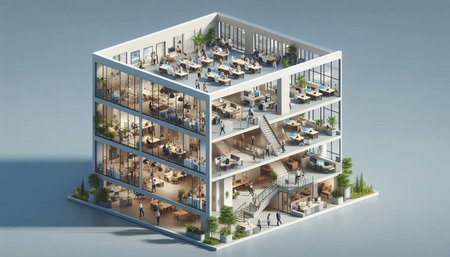 3d isometric office interior. Modern office building. 3d rendering