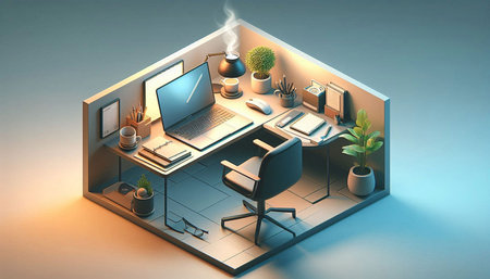 3D illustration of an open space office with a computer, desk, chair and plants