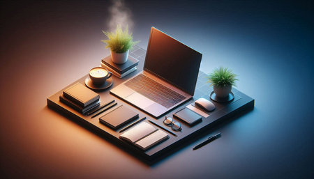 Laptop and office supplies on a table. 3d illustration.の写真素材