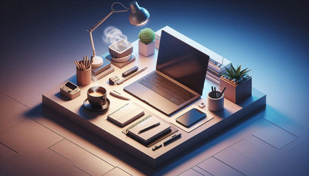 Top view of office desk with computer, supplies and coffee cup. 3d renderingの写真素材