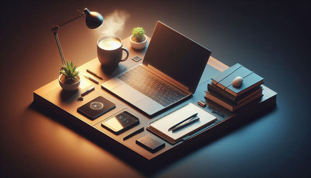 Laptop, coffee cup and stationery on wooden table. 3d renderingの写真素材