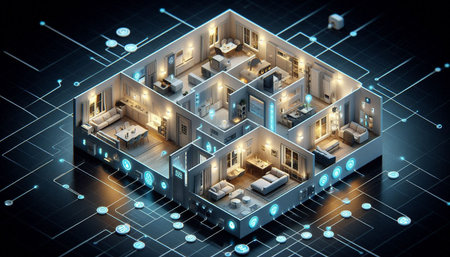 3d rendering of a house in a technological style on a black backgroundの写真素材