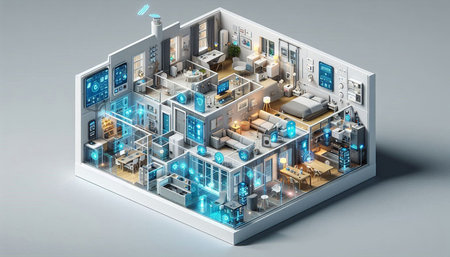Modern office interior with furniture and devices 3D rendering in isometric projection