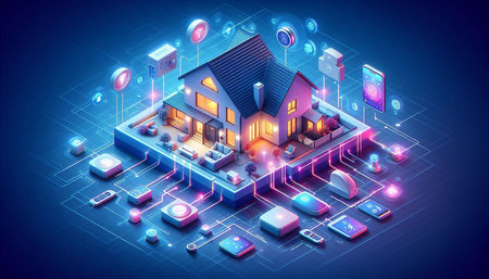 Smart home technology concept. Smart house on the background of the Internet and wireless technology. Isometric vector illustration.の写真素材