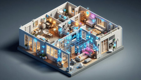 3d isometric house with lights on the walls and floor.の写真素材