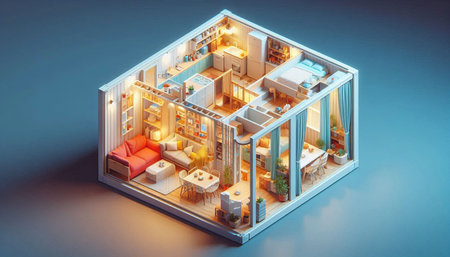 3D illustration of a house in isometric projection on blue backgroundの写真素材
