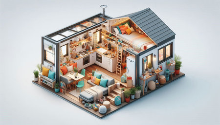 3D isometric illustration of a small house with a living room