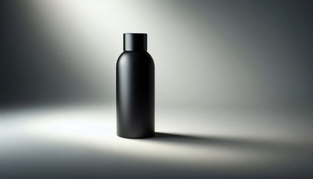 Mockup of a black cosmetic bottle on a gray background.の写真素材