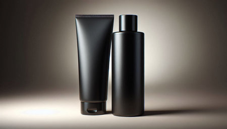 Mockup of black cosmetic bottle on light background. 3d renderingの写真素材