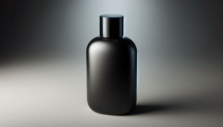 Mockup of a black cosmetic bottle on a gray background.の写真素材